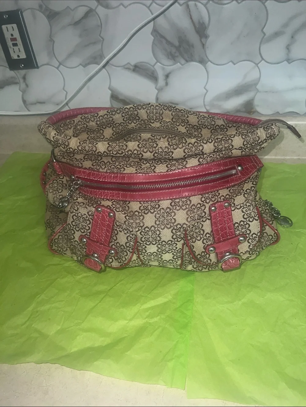 Beige /Red Kathy Van Zeeland Patterned Shoulder Bag with Red Trim